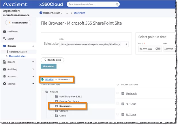 Sharepoint restore file browser view in x360Cloud